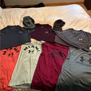 Under armour lot men’s shirts tank tops size small with two running hats